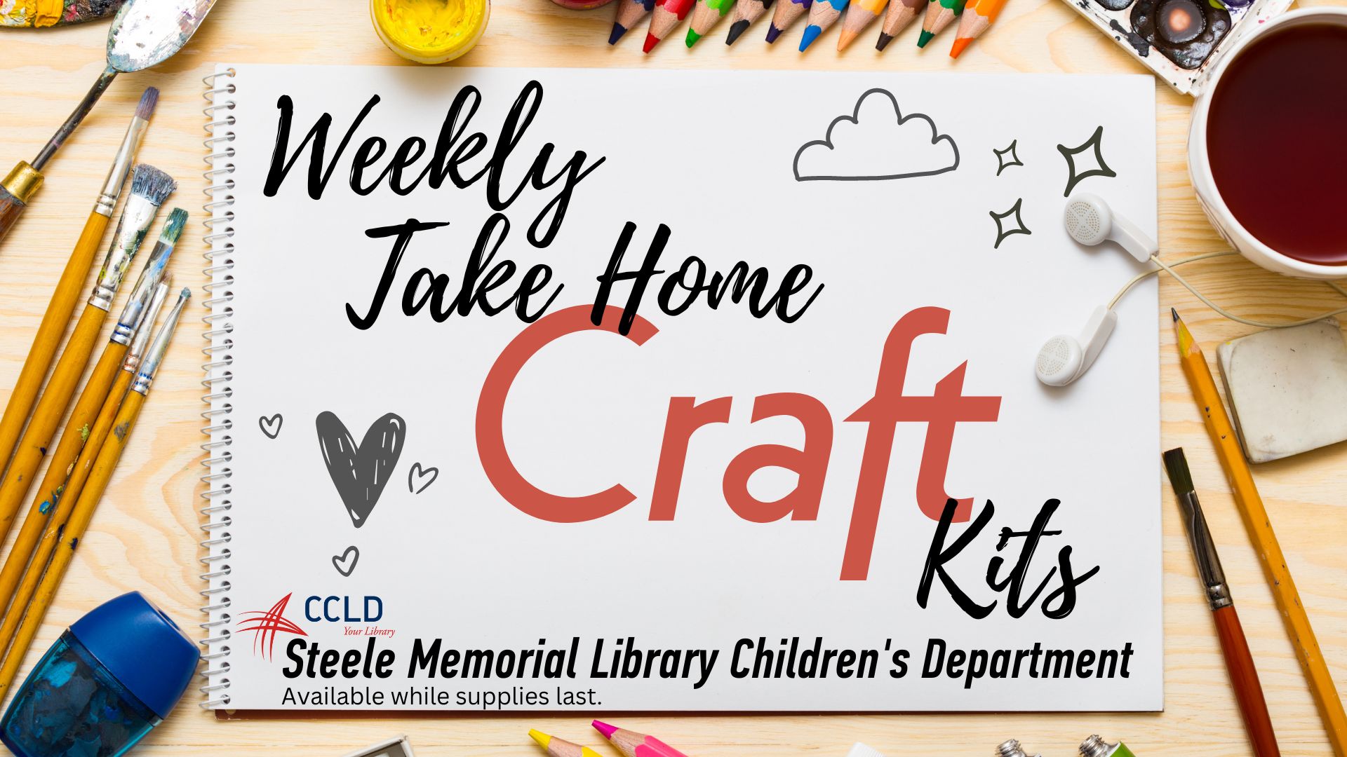 Stop by the Steele Memorial Library Children's Department to grab a weekly crafts kit.  Beginning Monday October 3rd, while supplies last!